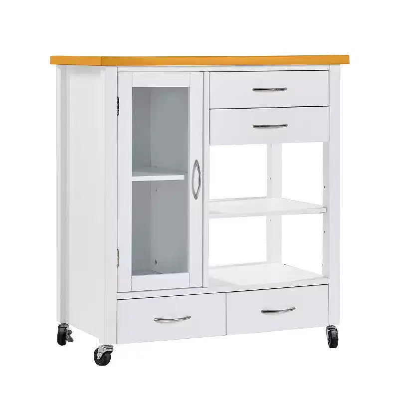 Dessert de cuisine avec plateau en noyer, tiroirs et roulettes pour un rangement modulable