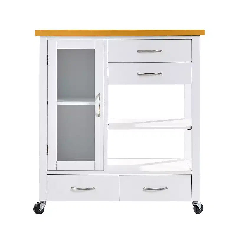 Dessert de cuisine avec plateau en noyer, tiroirs et roulettes pour un rangement modulable