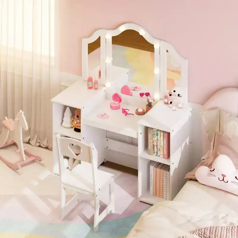Coiffeuse pour enfants, miroir triple pliable amovible avec lumière tactile, étagères de rangement ouvertes, coiffeuse en bois pour tout-petings, blanc