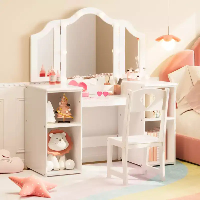 Coiffeuse pour enfants, miroir triple pliable amovible avec lumière tactile, étagères de rangement ouvertes, coiffeuse en bois pour tout-petings, blanc