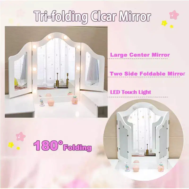 Coiffeuse pour enfants, miroir triple pliable amovible avec lumière tactile, étagères de rangement ouvertes, coiffeuse en bois pour tout-petings, blanc