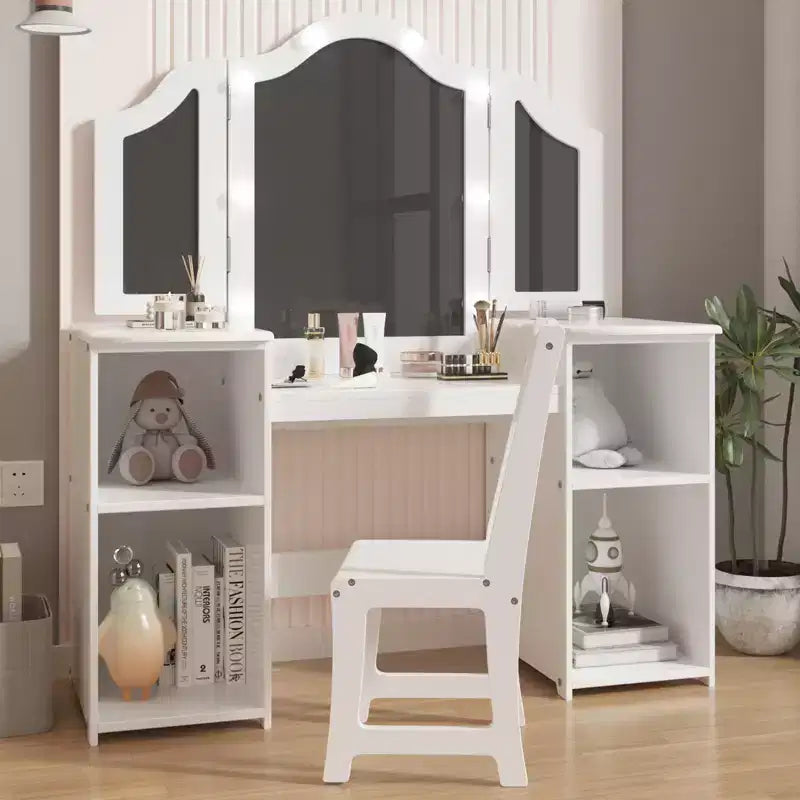 Coiffeuse pour enfants, miroir triple pliable amovible avec lumière tactile, étagères de rangement ouvertes, coiffeuse en bois pour tout-petings, blanc