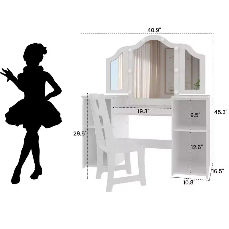 Coiffeuse pour enfants, miroir triple pliable amovible avec lumière tactile, étagères de rangement ouvertes, coiffeuse en bois pour tout-petings, blanc
