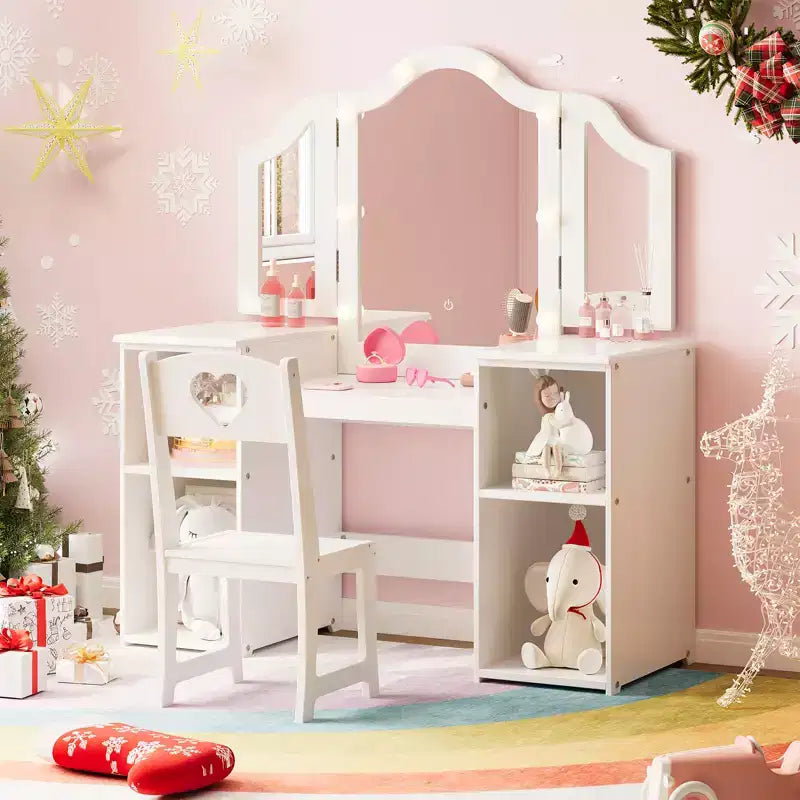 Coiffeuse pour enfants, miroir triple pliable amovible avec lumière tactile, étagères de rangement ouvertes, coiffeuse en bois pour tout-petings, blanc