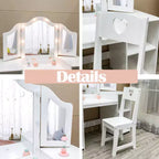 Coiffeuse pour enfants, miroir triple pliable amovible avec lumière tactile, étagères de rangement ouvertes, coiffeuse en bois pour tout-petings, blanc