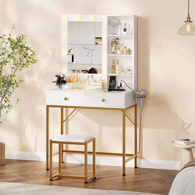Makeup Vanity Desk with LED Mirror and Charging Station, Dressing Table with 3 Light Modes, Storage Drawers, Shelves and Stool for Bedroom, White