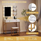 Coiffeuse avec miroir LED et station de recharge, table de maquillage avec 3 modes d'éclairage, tiroirs de rangement, étagères et tabouret pour chambre à coucher, blanc