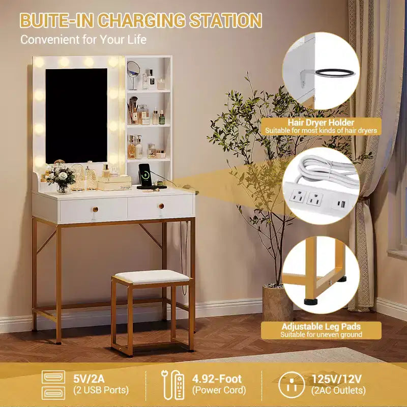 Coiffeuse avec miroir LED et station de recharge, table de maquillage avec 3 modes d'éclairage, tiroirs de rangement, étagères et tabouret pour chambre à coucher, blanc