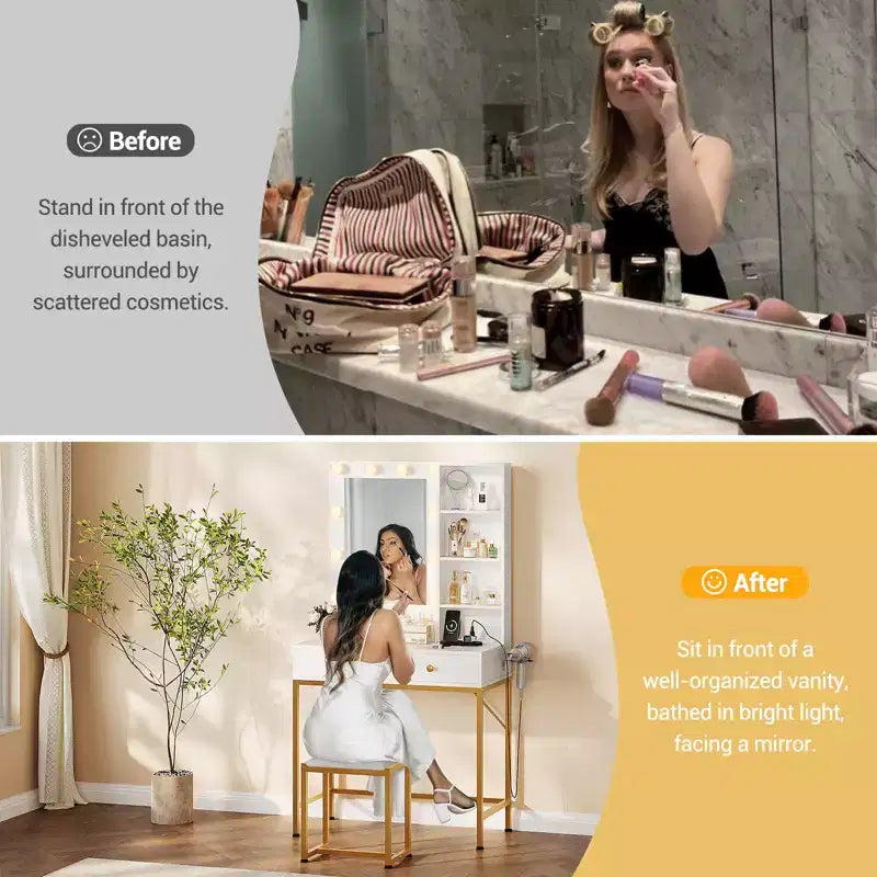 Coiffeuse avec miroir LED et station de recharge, table de maquillage avec 3 modes d'éclairage, tiroirs de rangement, étagères et tabouret pour chambre à coucher, blanc