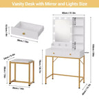 Coiffeuse avec miroir LED et station de recharge, table de maquillage avec 3 modes d'éclairage, tiroirs de rangement, étagères et tabouret pour chambre à coucher, blanc