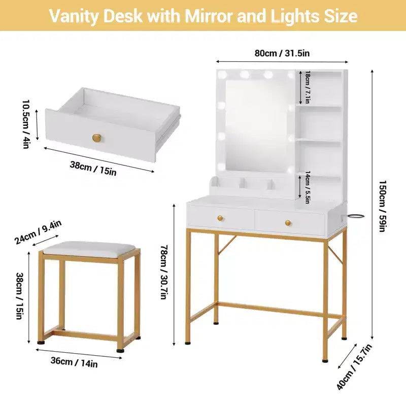 Coiffeuse avec miroir LED et station de recharge, table de maquillage avec 3 modes d'éclairage, tiroirs de rangement, étagères et tabouret pour chambre à coucher, blanc