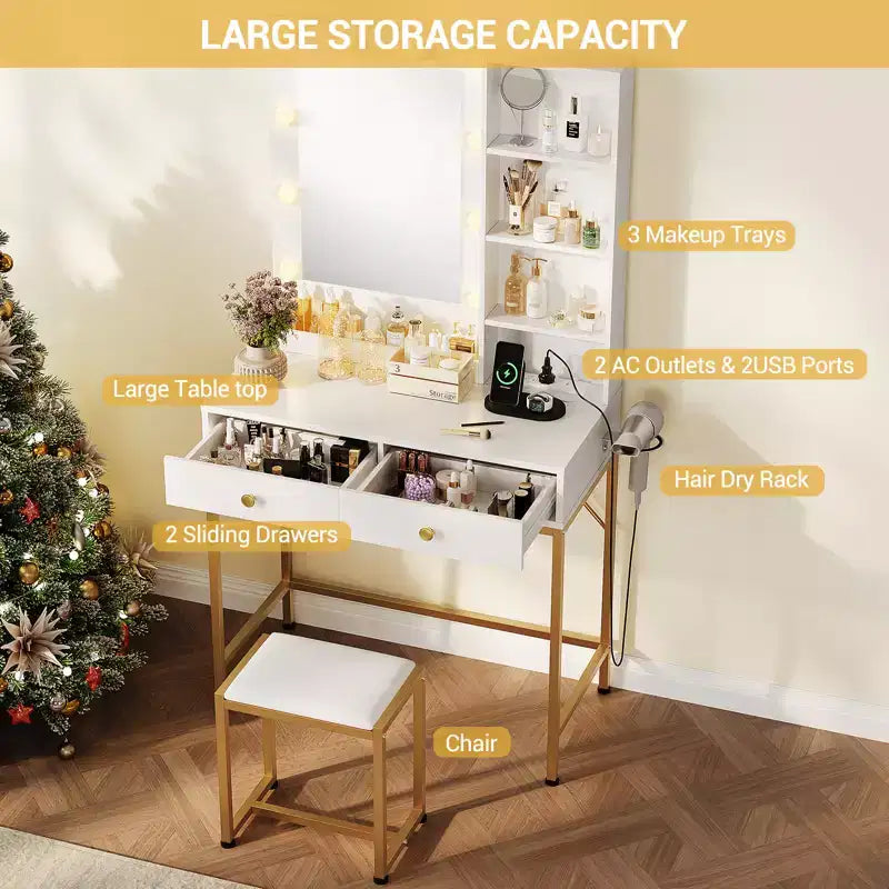 Coiffeuse avec miroir LED et station de recharge, table de maquillage avec 3 modes d'éclairage, tiroirs de rangement, étagères et tabouret pour chambre à coucher, blanc