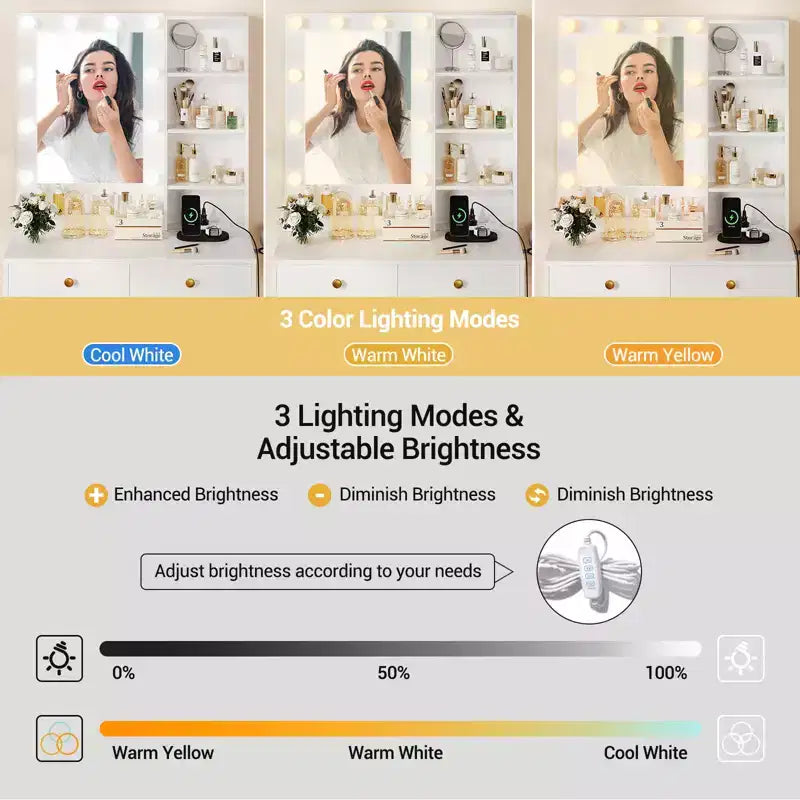 Coiffeuse avec miroir LED et station de recharge, table de maquillage avec 3 modes d'éclairage, tiroirs de rangement, étagères et tabouret pour chambre à coucher, blanc