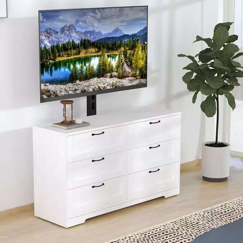 Meuble TV Acekool 6 tiroirs avec supports de stabilité, meuble média moderne en MDF, centre de divertissement pour salon