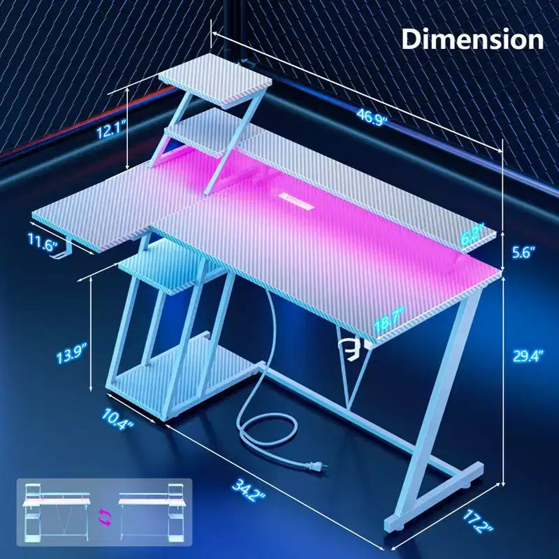 Bureau de jeu en L de 47 pouces blanc pour petits espaces, table d'angle pour ordinateur avec support d'écran et étagères de rangement, bureau de joueur pour chambres d'adolescents, poste de travail PC