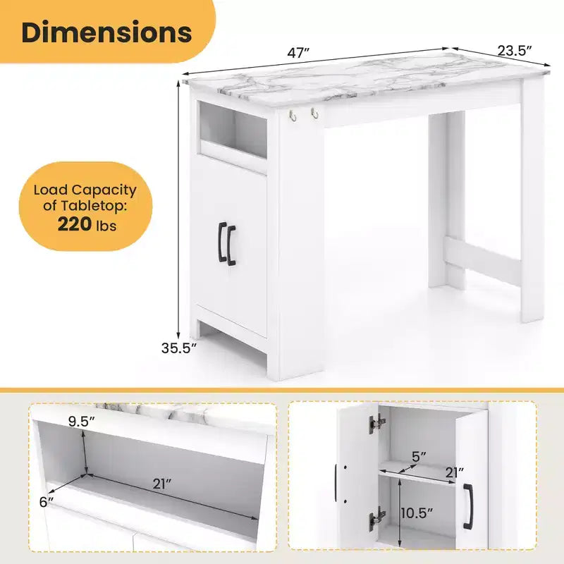 Table de bar Costway de 119 cm de long, hauteur comptoir, aspect marbre, avec armoire