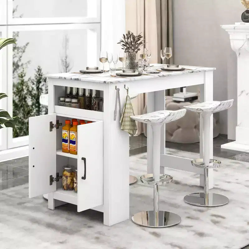 Table de bar Costway de 119 cm de long, hauteur comptoir, aspect marbre, avec armoire