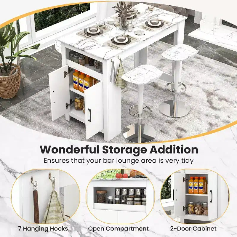 Table de bar Costway de 119 cm de long, hauteur comptoir, aspect marbre, avec armoire