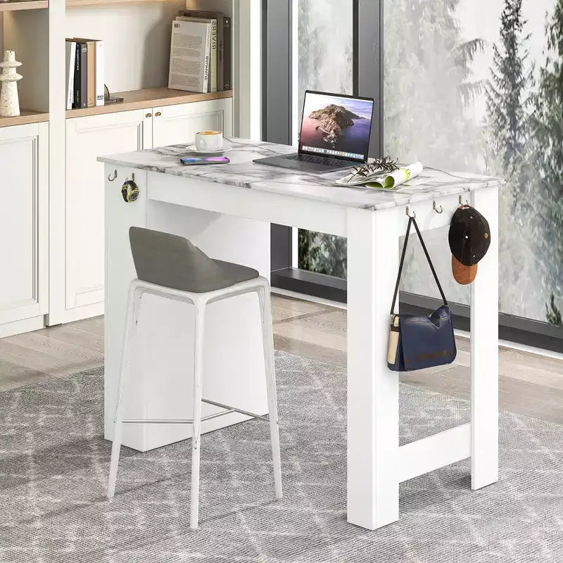 Table de bar Costway de 119 cm de long, hauteur comptoir, aspect marbre, avec armoire