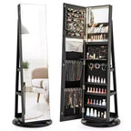 Costway 360 Rotating Mirrored Jewelry Cabinet Armoire 3 Color LED Modes Lockable Black