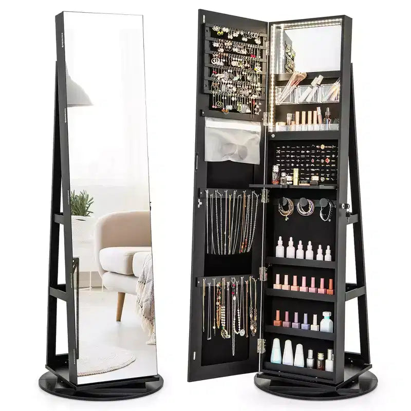 Costway 360 Rotating Mirrored Jewelry Cabinet Armoire 3 Color LED Modes Lockable Black
