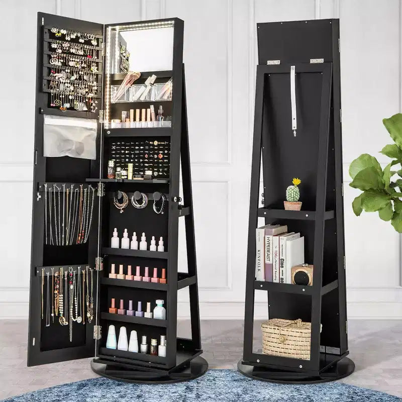 Costway Armoire à bijoux rotative à 360° avec miroir, 3 modes de couleur LED, verrouillable, noir