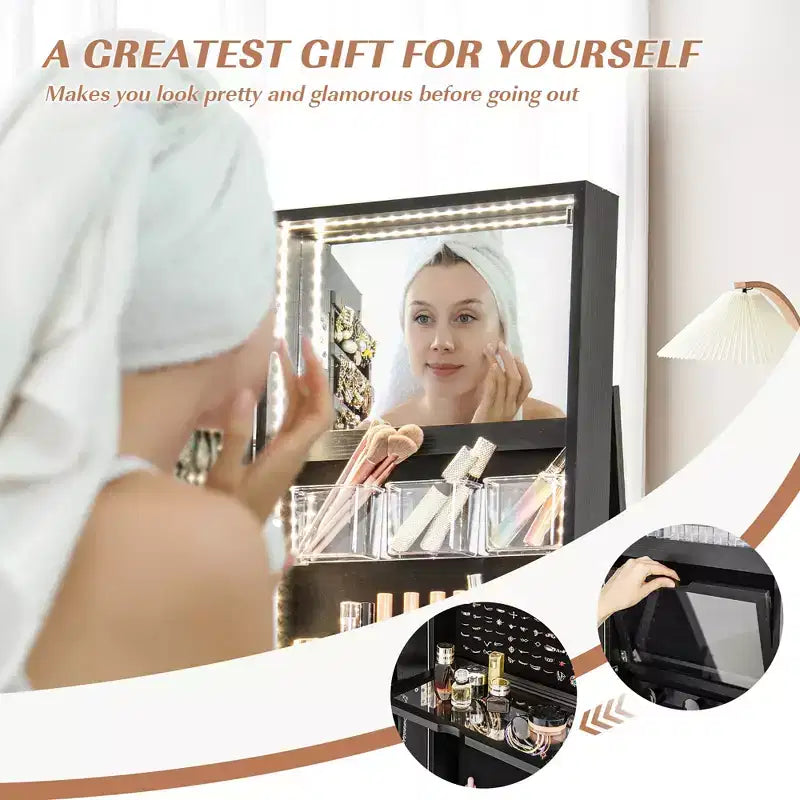 Costway Armoire à bijoux rotative à 360° avec miroir, 3 modes de couleur LED, verrouillable, noir
