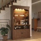 Meuble bar café de 183 cm de haut avec lumières LED, buffet de cuisine rustique avec porte-bouteilles et étagères en verre, meuble de rangement pour salle à manger