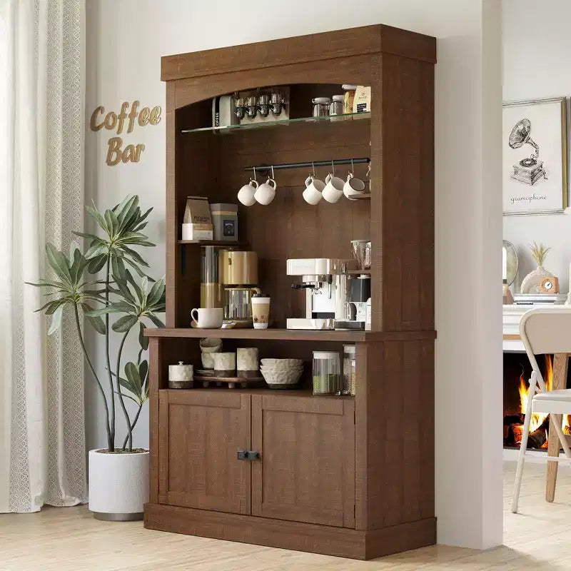 Meuble bar café de 183 cm de haut avec lumières LED, buffet de cuisine rustique avec porte-bouteilles et étagères en verre, meuble de rangement pour salle à manger