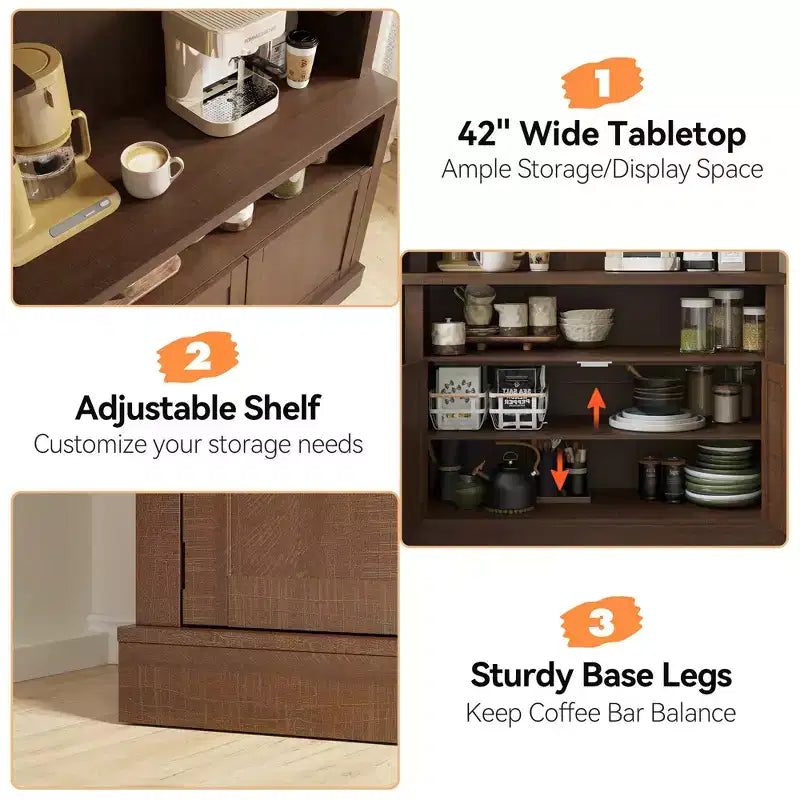 Meuble bar café de 183 cm de haut avec lumières LED, buffet de cuisine rustique avec porte-bouteilles et étagères en verre, meuble de rangement pour salle à manger