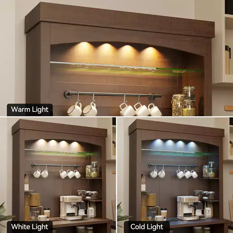 Meuble bar café de 183 cm de haut avec lumières LED, buffet de cuisine rustique avec porte-bouteilles et étagères en verre, meuble de rangement pour salle à manger