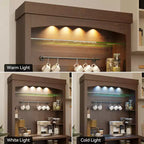 Meuble bar café de 183 cm de haut avec lumières LED, buffet de cuisine rustique avec porte-bouteilles et étagères en verre, meuble de rangement pour salle à manger