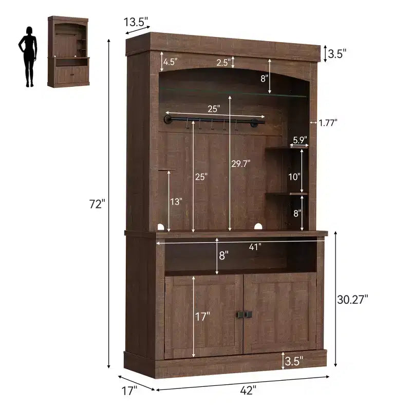 Meuble bar café de 183 cm de haut avec lumières LED, buffet de cuisine rustique avec porte-bouteilles et étagères en verre, meuble de rangement pour salle à manger