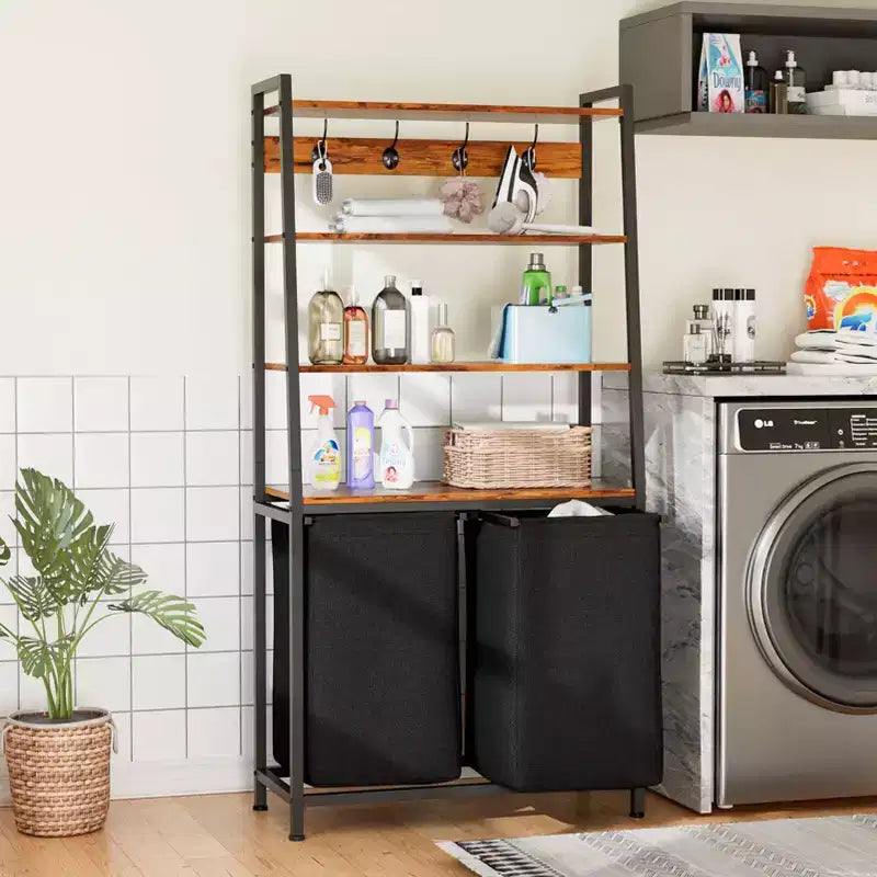 Double Laundry Hamper with Shelf 4 Tier Tall Laundry Basket Sorter with Two Removable Bags Clothing Storage Organizer and Hooks for Bathroom Bedroom