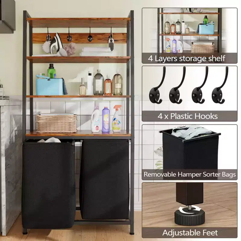 Double panier à linge avec étagère, trieur à linge haut à 4 niveaux avec deux sacs amovibles, organiseur de rangement pour vêtements et crochets pour salle de bain et chambre