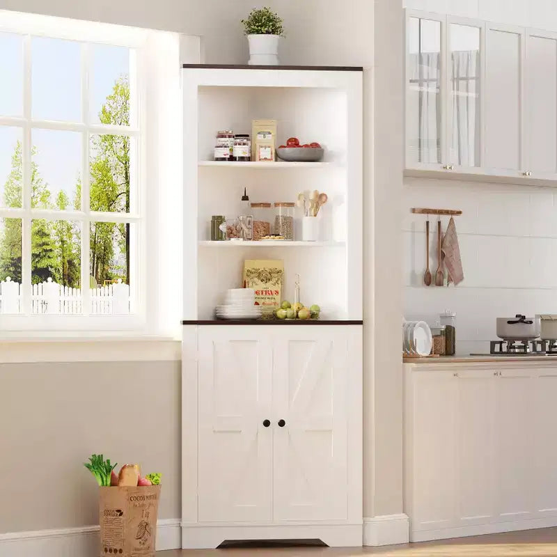 64.8 Grande Armoire d'Angle de Ferme avec 4 Portes et 5 Étagères de Rangement, Armoire de Rangement de Ferme avec Design de Porte de Grange