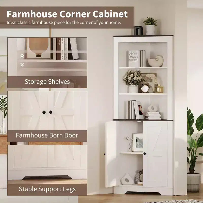 64.8 Grande Armoire d'Angle de Ferme avec 4 Portes et 5 Étagères de Rangement, Armoire de Rangement de Ferme avec Design de Porte de Grange