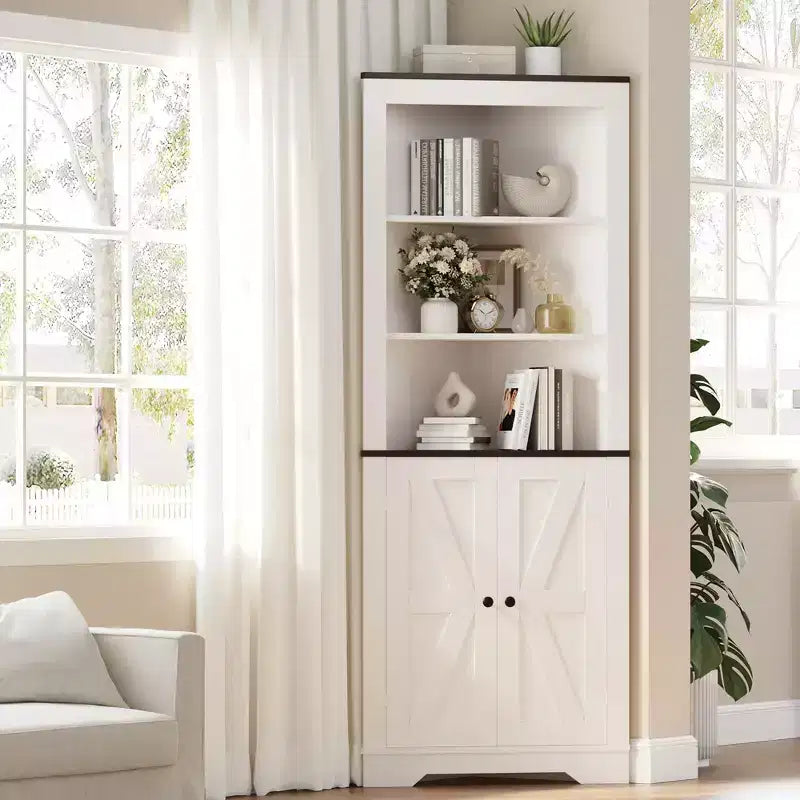 64.8 Grande Armoire d'Angle de Ferme avec 4 Portes et 5 Étagères de Rangement, Armoire de Rangement de Ferme avec Design de Porte de Grange