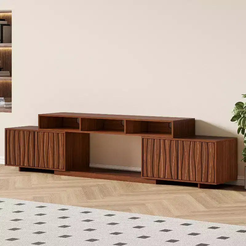 Meuble TV extensible ATJafurn 62,9-98,4 marron, console multimédia en bois pour salon, meuble de divertissement moderne du milieu du siècle avec rangement