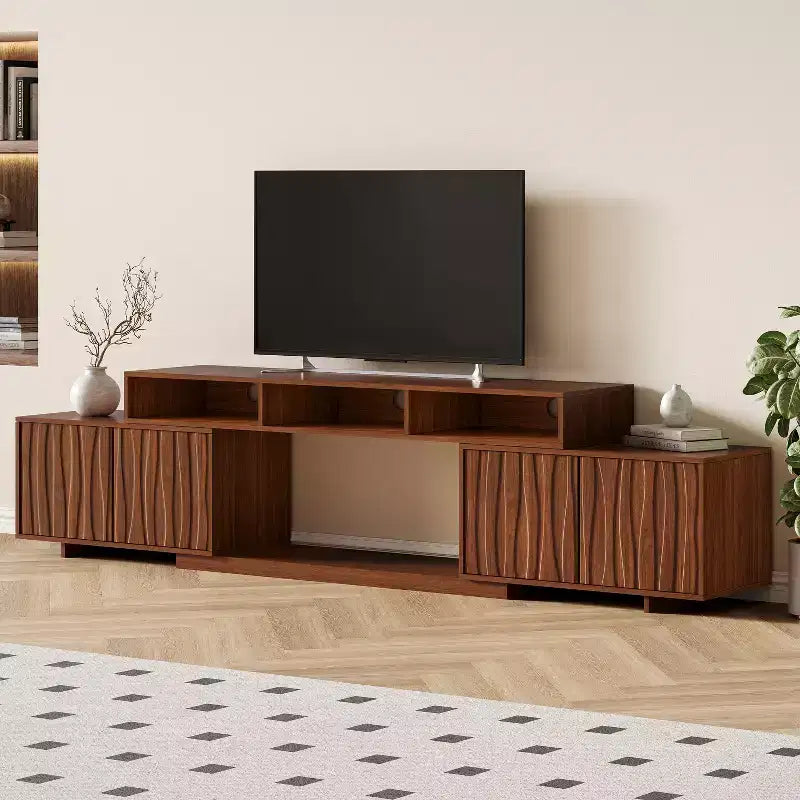 ATJafurn 62.9-98.4 Brown Expandable TV Stand, Wooden Media Console for Living Room, Mid Century Modern Entertainment Center with Storage