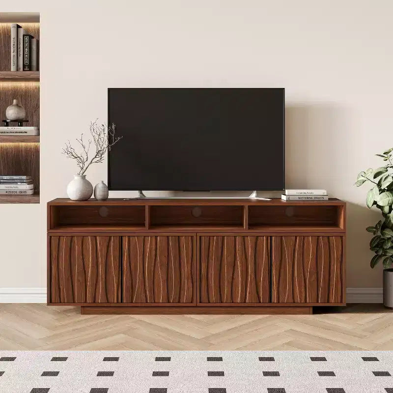Meuble TV extensible ATJafurn 62,9-98,4 marron, console multimédia en bois pour salon, meuble de divertissement moderne du milieu du siècle avec rangement