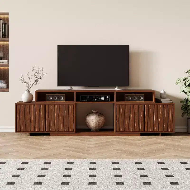 Meuble TV extensible ATJafurn 62,9-98,4 marron, console multimédia en bois pour salon, meuble de divertissement moderne du milieu du siècle avec rangement