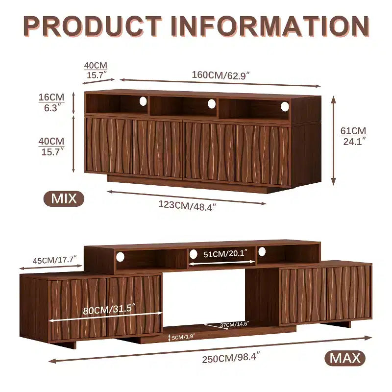 Meuble TV extensible ATJafurn 62,9-98,4 marron, console multimédia en bois pour salon, meuble de divertissement moderne du milieu du siècle avec rangement