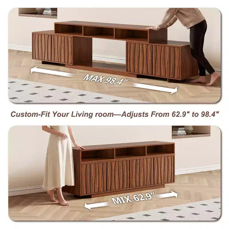 Meuble TV extensible ATJafurn 62,9-98,4 marron, console multimédia en bois pour salon, meuble de divertissement moderne du milieu du siècle avec rangement