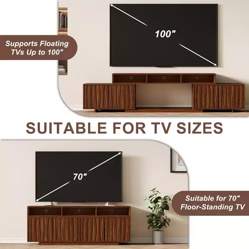 Meuble TV extensible ATJafurn 62,9-98,4 marron, console multimédia en bois pour salon, meuble de divertissement moderne du milieu du siècle avec rangement