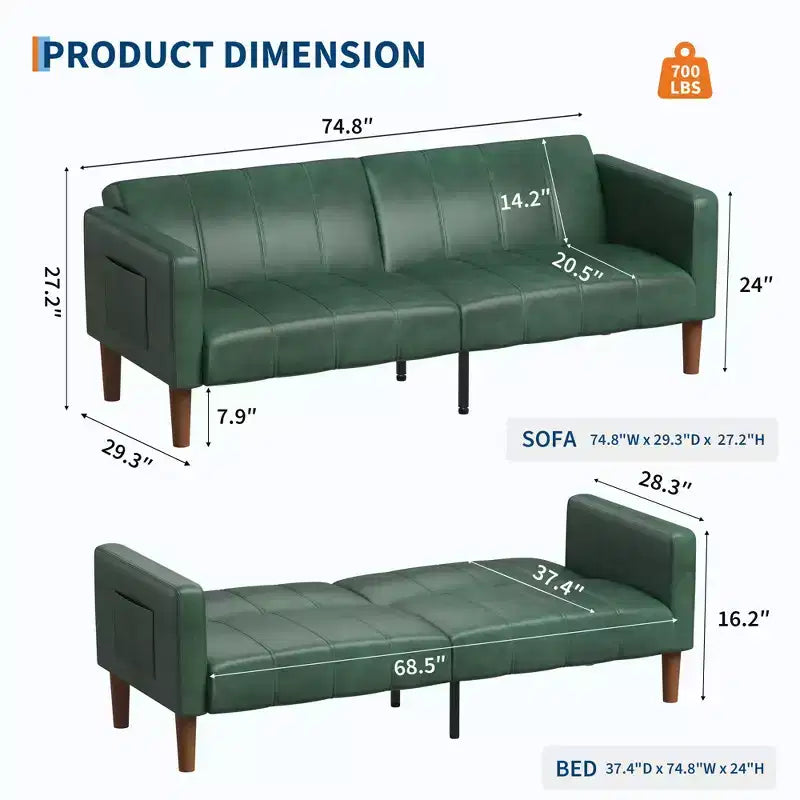 Canapé-lit futon moderne pliable, ensemble futon pour salon, canapé convertible 75 en similicuir, causeuse de style Mid-Century pour petit espace, chambre à coucher