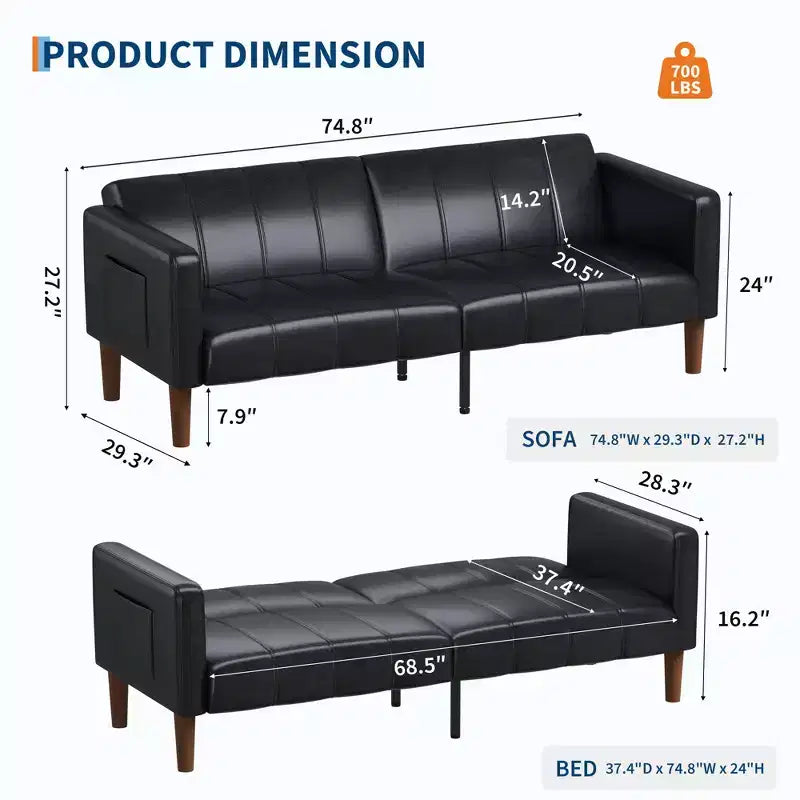 Canapé-lit futon moderne pliable, ensemble futon pour salon, canapé convertible 75 en similicuir, causeuse de style Mid-Century pour petit espace, chambre à coucher