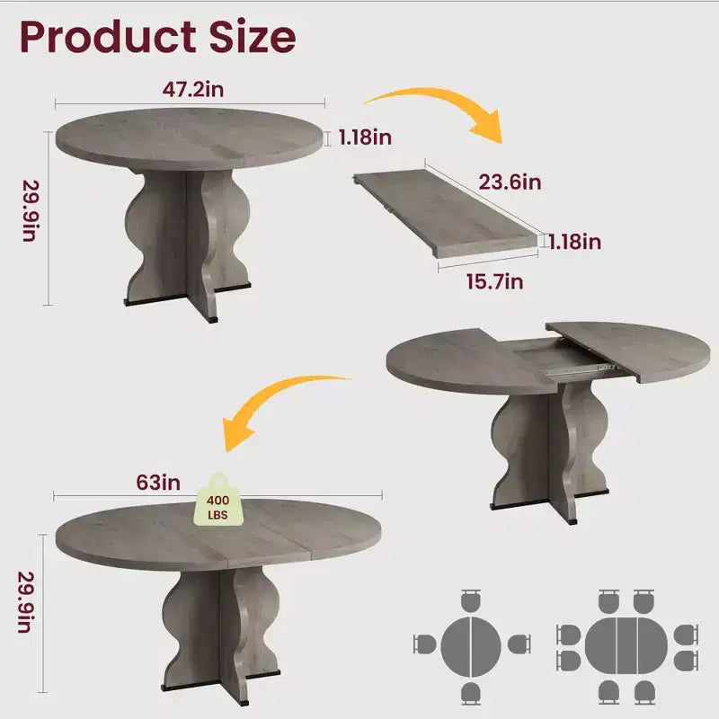 Table à manger ronde extensible 63" pour 4 à 8 personnes, table de cuisine ovale en bois de style ferme, plateau épais, pieds ondulés larges, cercle, pour dîner, salle à manger, appartement