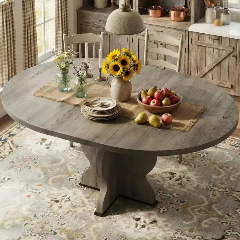 Table à manger ronde extensible 63" pour 4 à 8 personnes, table de cuisine ovale en bois de style ferme, plateau épais, pieds ondulés larges, cercle, pour dîner, salle à manger, appartement