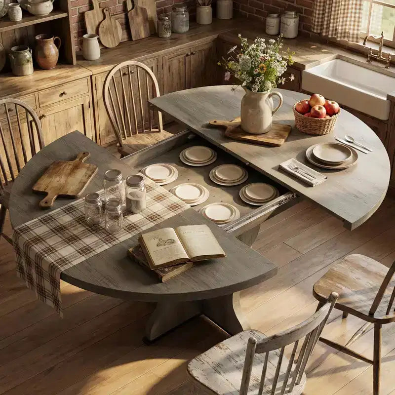 Table à manger ronde extensible 63" pour 4 à 8 personnes, table de cuisine ovale en bois de style ferme, plateau épais, pieds ondulés larges, cercle, pour dîner, salle à manger, appartement